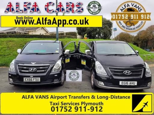 Two black vehicles with open doors, displaying branding for Alfa Cars and contact details.