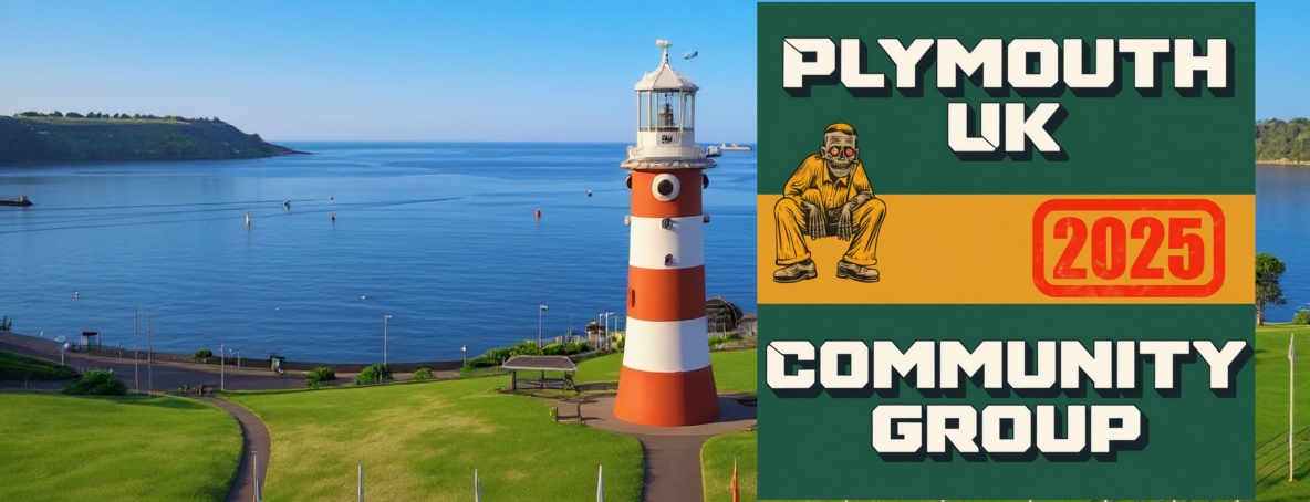 Lighthouse near water with text promoting Plymouth UK Community Group 2023.