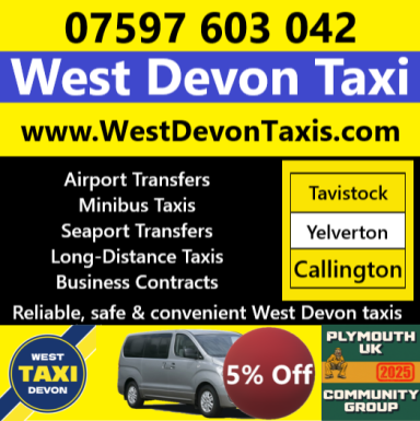 West Devon Taxi service advertisement with contact details and discount offer.