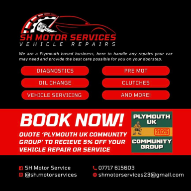 Logo and promotional information for SH Motor Services, offering vehicle repairs and discounts.