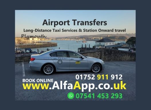 Silver car parked near the waterfront with text about airport transfer services.
