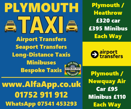 Plymouth Taxi service advertisement with airport transfer details and contact information.