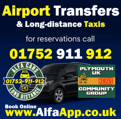 Promotional graphic for airport transfers and long-distance taxi services with contact details.