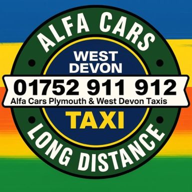 Logo for Alfa Cars, a taxi service in West Devon, featuring contact information and services.